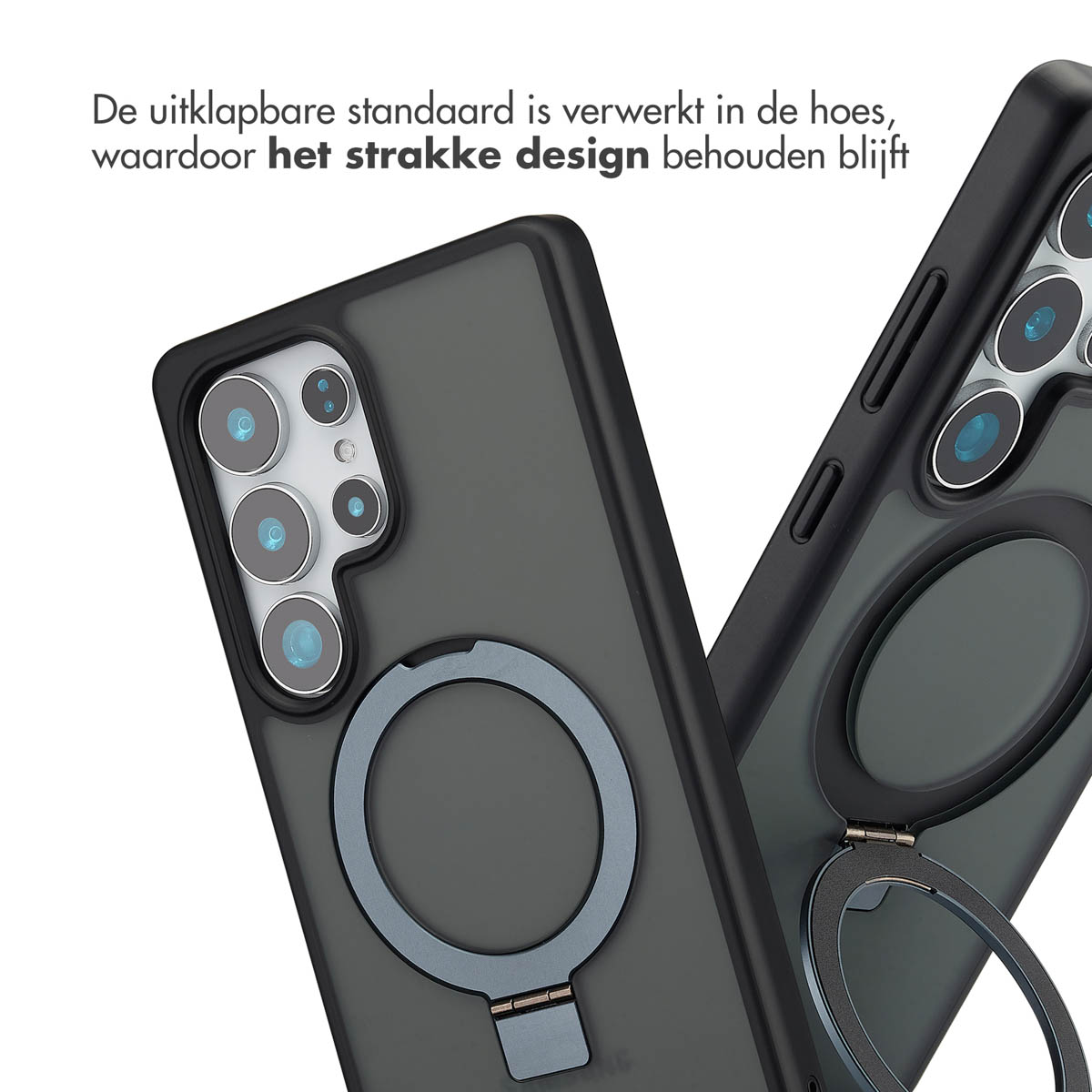 Deux coques avec anneaux de support. Le texte mentionne le support intégré qui maintient le design.