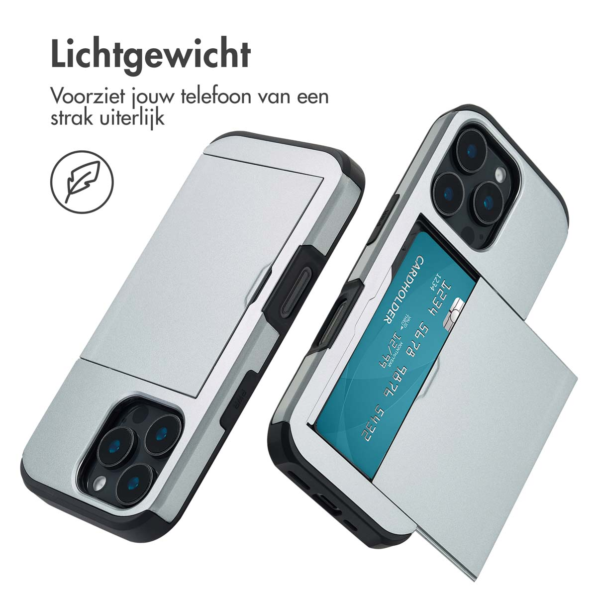 Zilveren telefoonhoes met kaarthouder. Witte achtergrond.