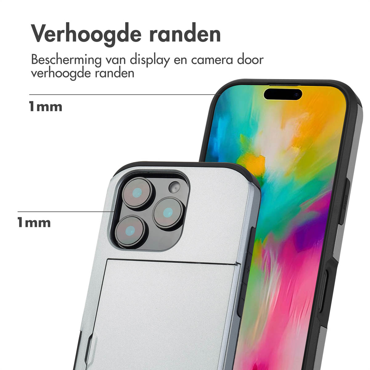 Telefoonhoesje met een telefoon erin. Verhoogde randen getoond. Zilveren hoes met zwarte telefoon.