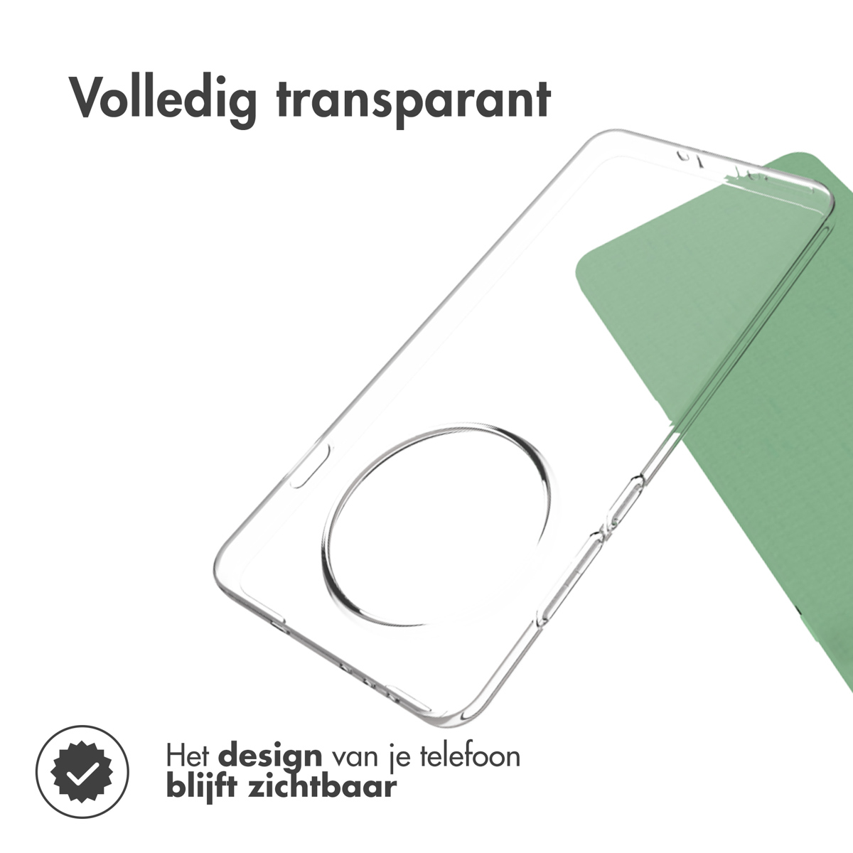 Una custodia trasparente. Il testo afferma che il design del tuo telefono rimane visibile. Sfondo verde.