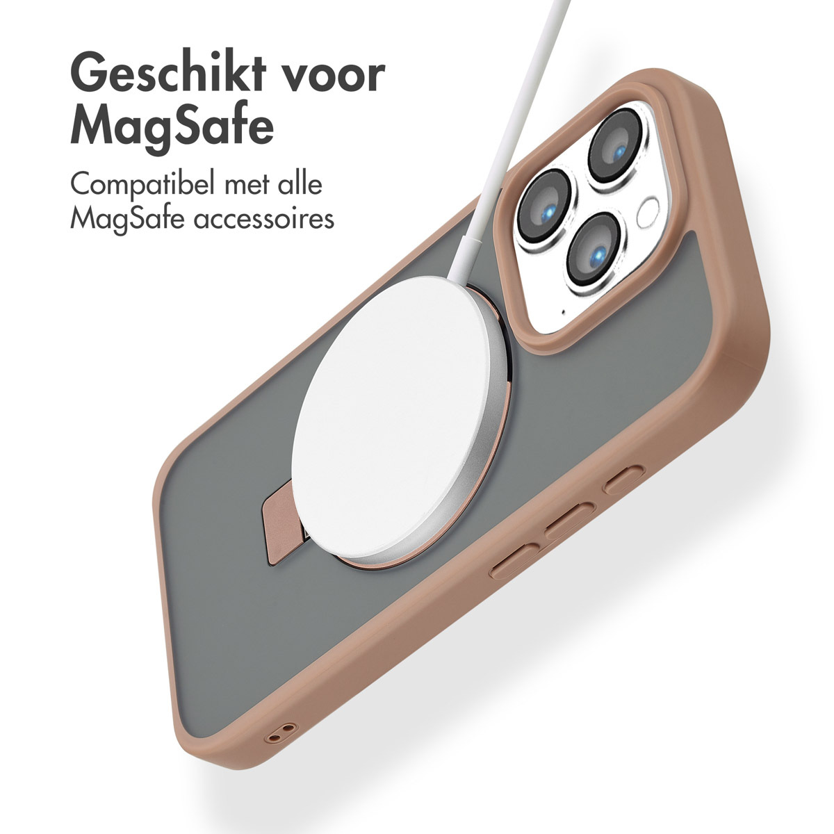 Téléphone dans une coque rose avec un chargeur MagSafe blanc attaché.