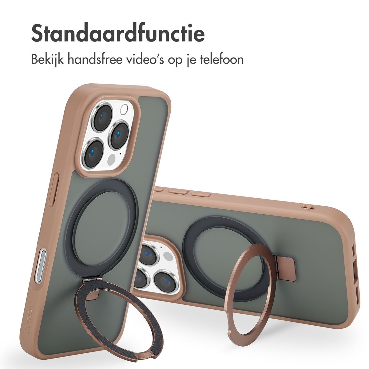 Twee telefoonhoesjes met een ringvormige standaard. Bruine en groene telefoonhoesjes op een wit oppervlak.