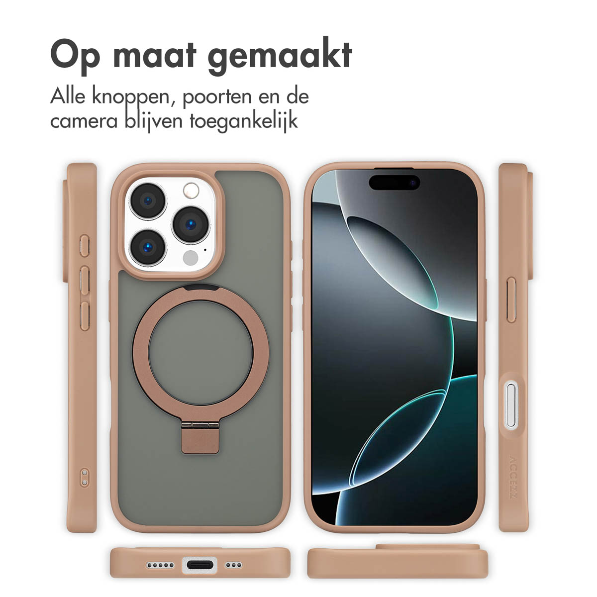 Coques de téléphone sous divers angles, avec le texte 'Fabriqué sur mesure'. Les coques sont marron et grises. Boutons, ports et caméra sont ouverts.