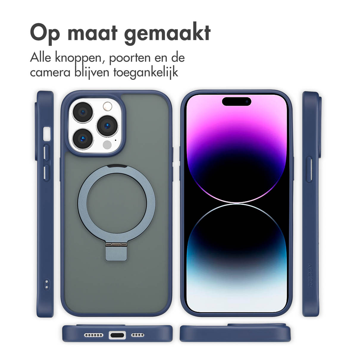 Un téléphone avec un étui et d'autres parties de l'étui. L'étui est bleu et gris, avec un support en anneau.