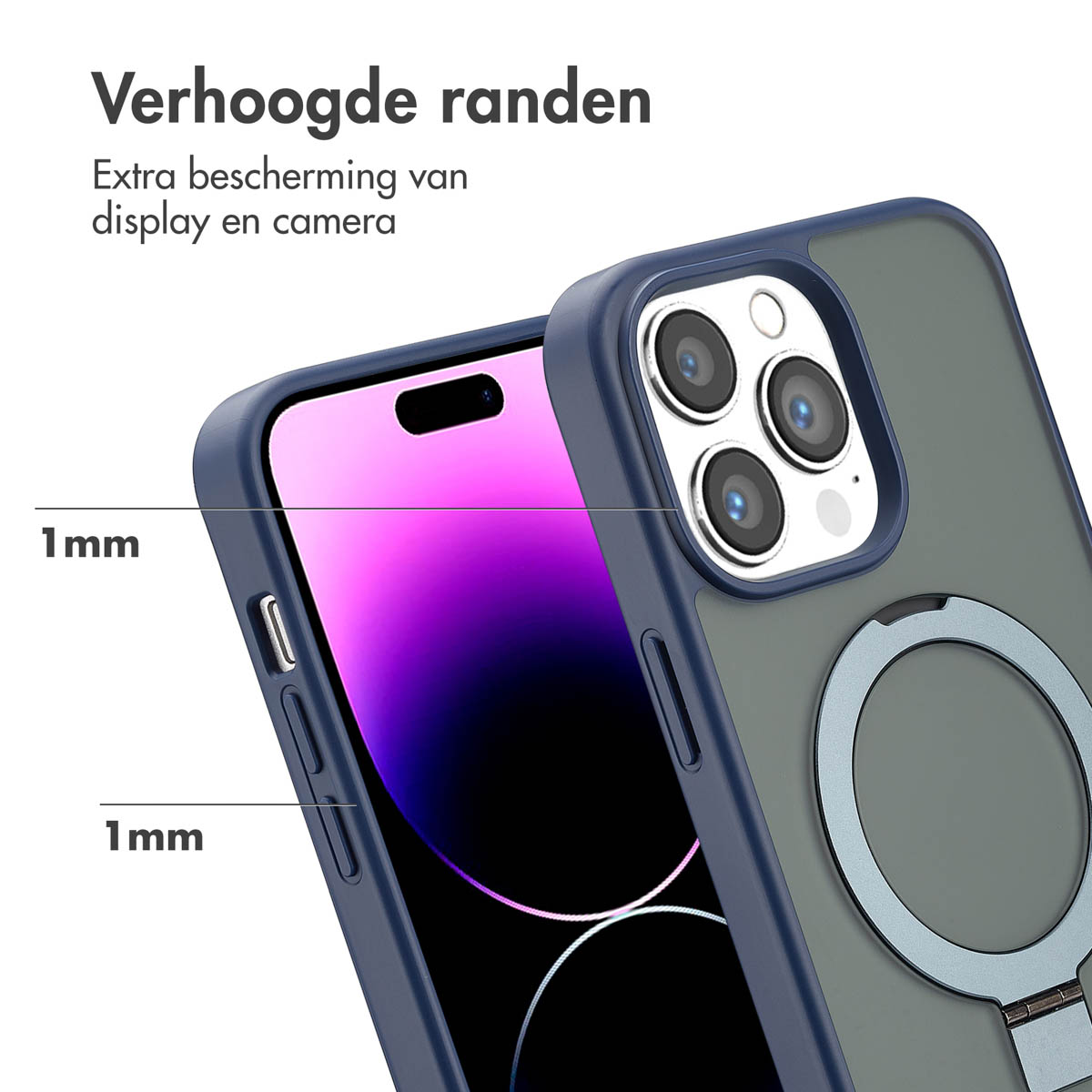 Un téléphone avec un étui gris et un anneau bleu attaché à l'arrière.