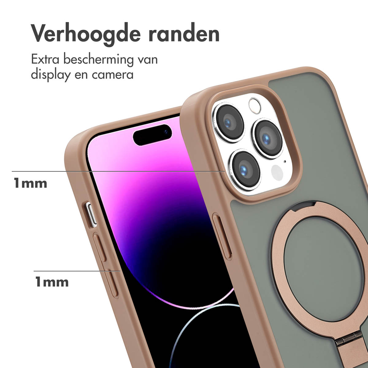 Une coque de téléphone avec un bord surélevé. La coque est marron et verte, avec un téléphone à l'intérieur.
