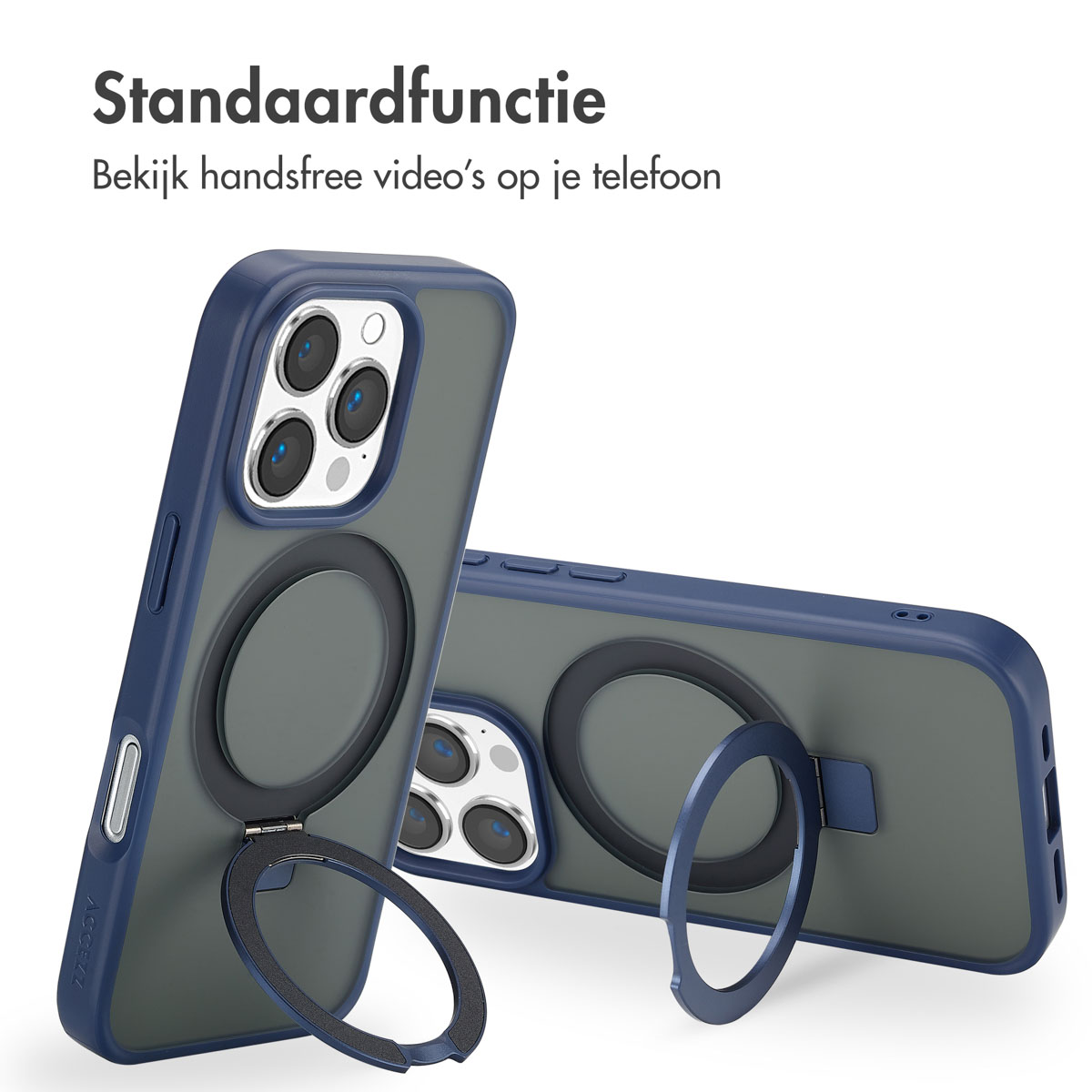 Deux étuis de téléphone avec supports en anneau, un ouvert, un fermé. Texte : Fonction standard. Étuis bleus et gris.