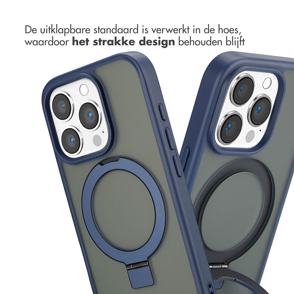Deux coques de téléphone, une avec support d'anneau. Les deux sont gris foncé et bleus.