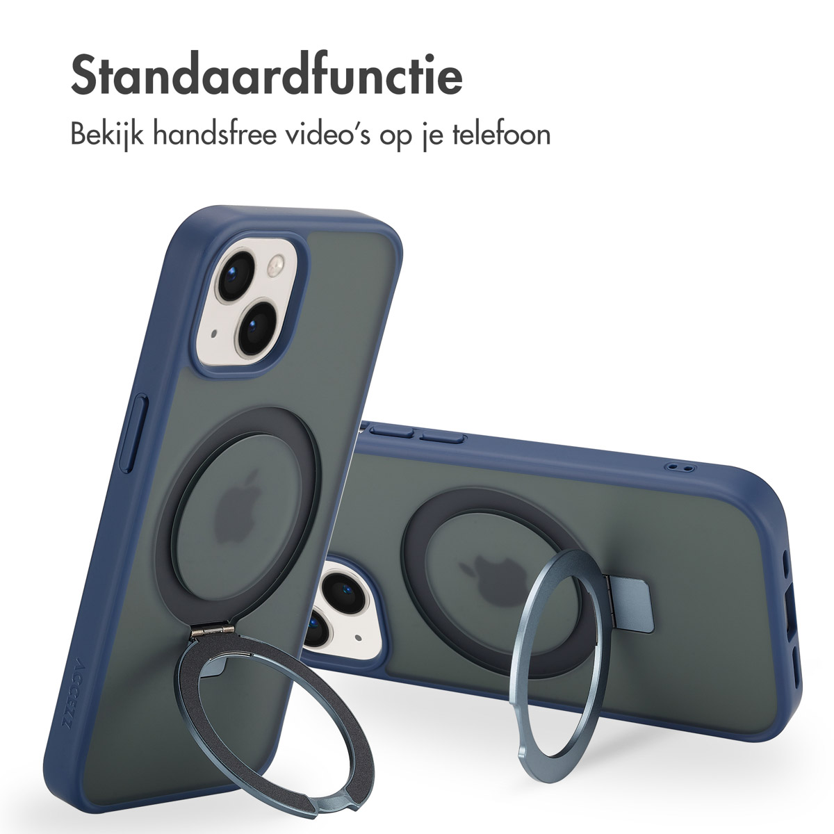 Blauwe telefoonhoesjes met ringen, op een wit oppervlak.