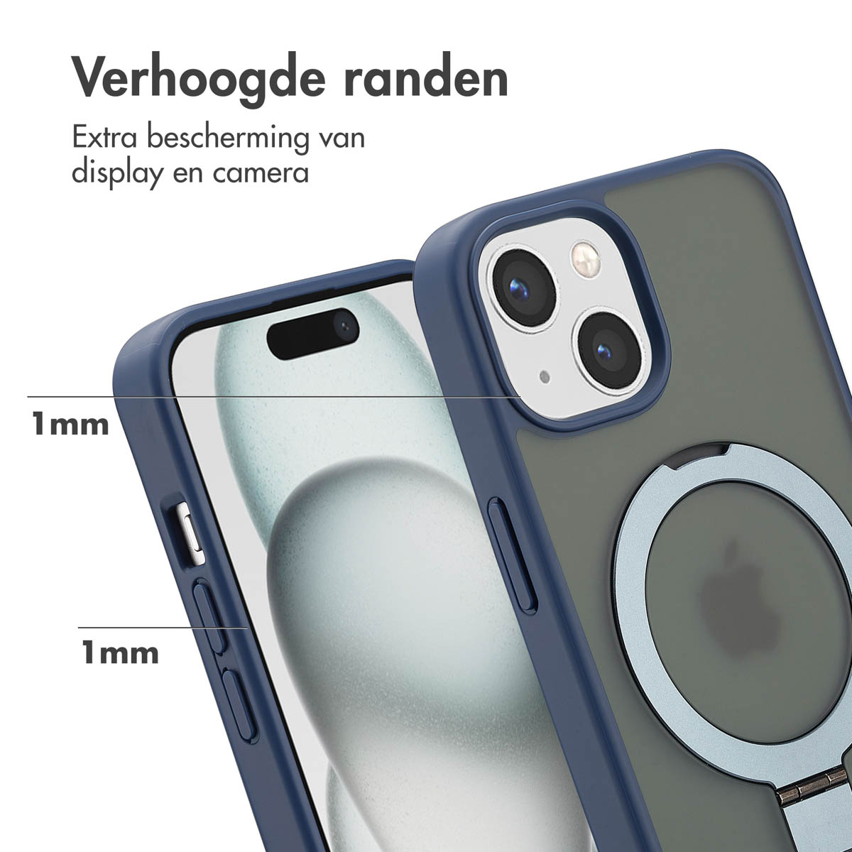 Telefoonhoesje, blauwe rand, met tekst: Verhoogde randen, 1mm. Extra bescherming.