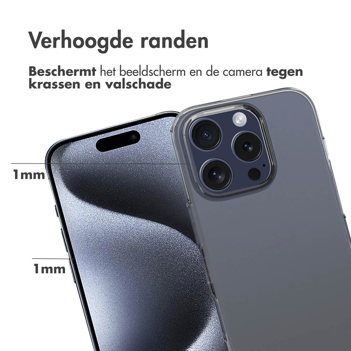 Une coque de téléphone transparente montrant l'arrière d'un téléphone. La coque a des bords surélevés.