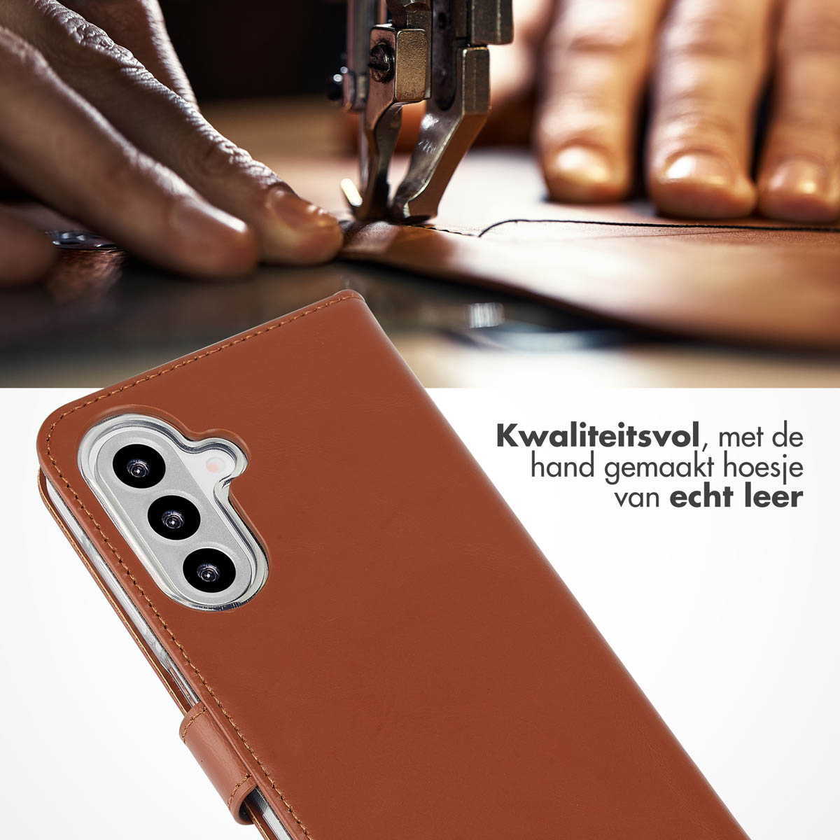 Bruine leren telefoonhoes met stiksels. Handmatig leer naaien, telefooncamera zichtbaar, tekst: 'Kwaliteit, handgemaakt'.