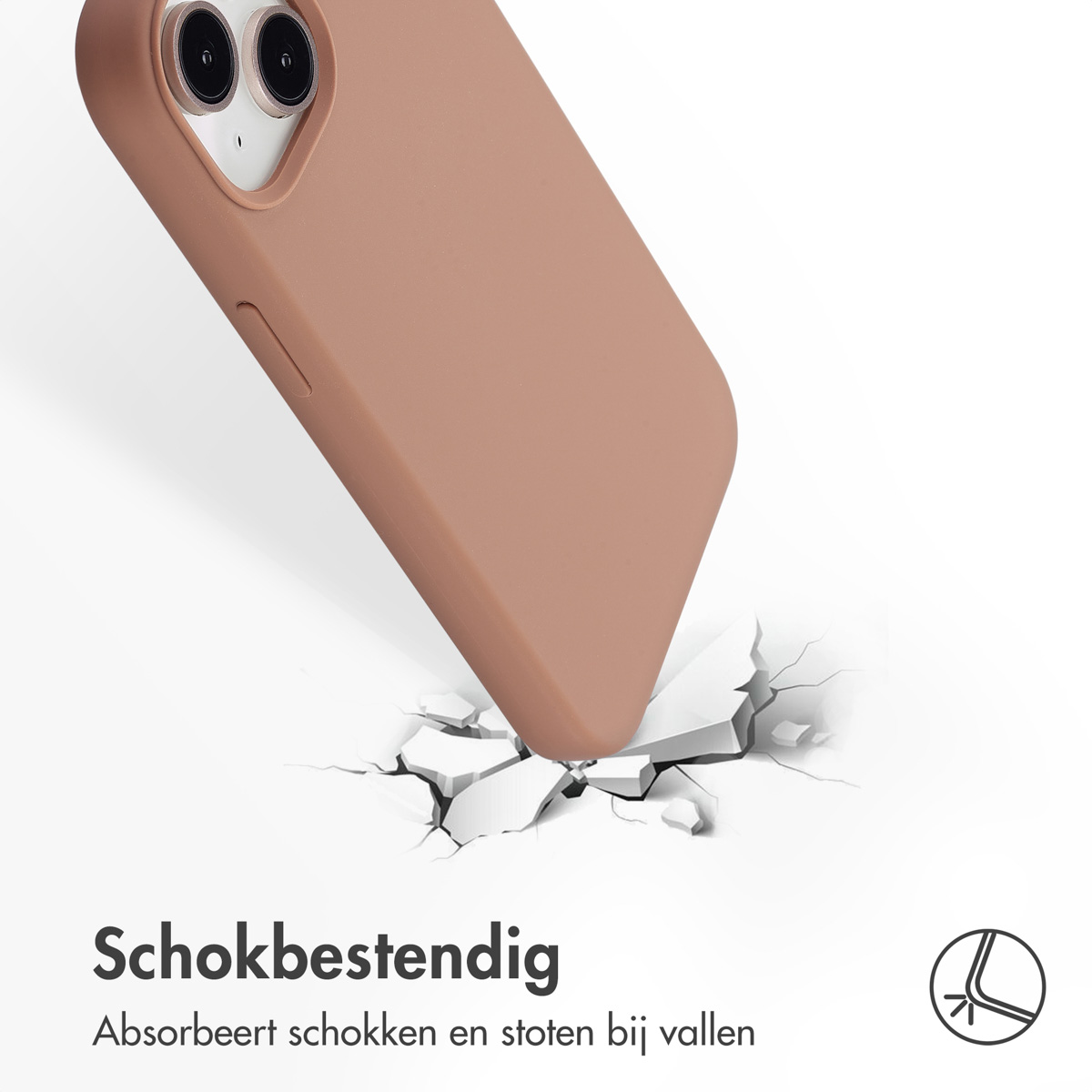 Telefoonhoes. De hoes ligt op een witte achtergrond met een scheurenpatroon. Tekst: Schokbestendig.