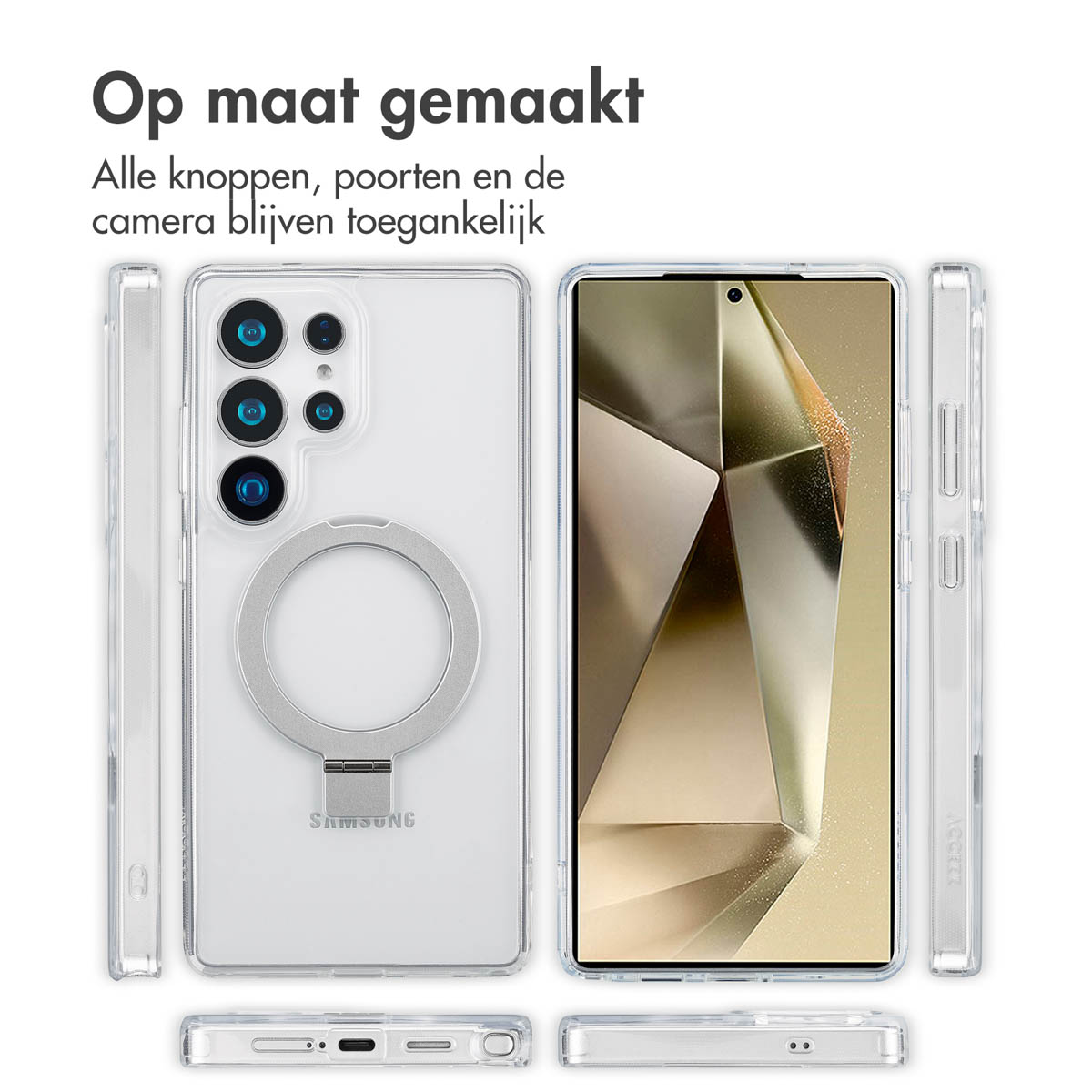 Coque de téléphone transparente avec téléphone, support de bague et anneau MagSafe. Design transparent.