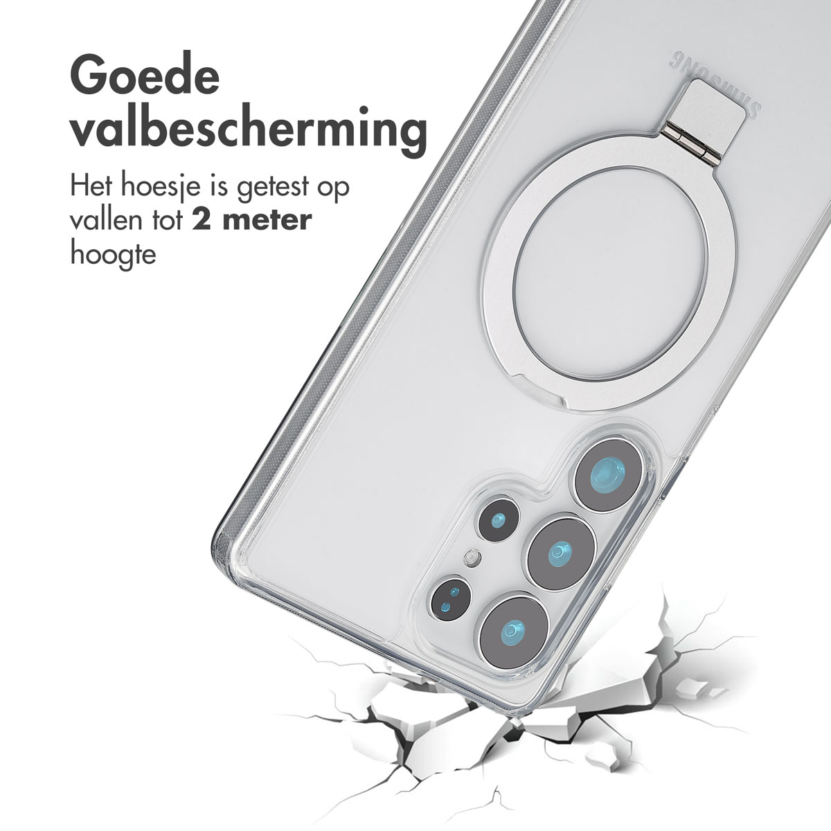 Téléphone avec un support à anneau. Le téléphone tombe et brise le sol.