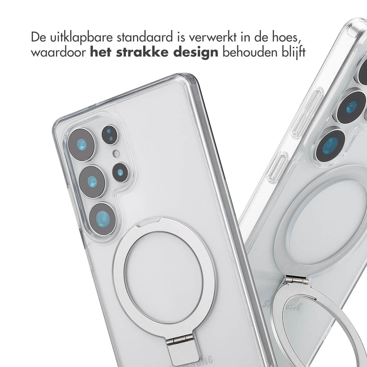 Coque transparente avec bague de support argentée. Deux téléphones sont montrés, un avec le support.