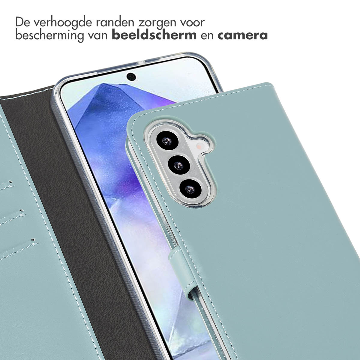 Un étui de téléphone bleu clair avec un téléphone à l'intérieur, montrant l'écran du téléphone et la caméra.