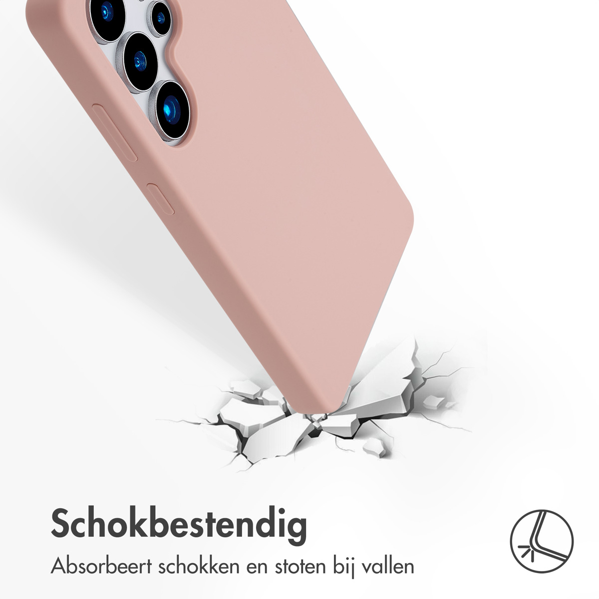 Roze telefoonhoes met een telefoon. De telefoon valt en breekt de grond.