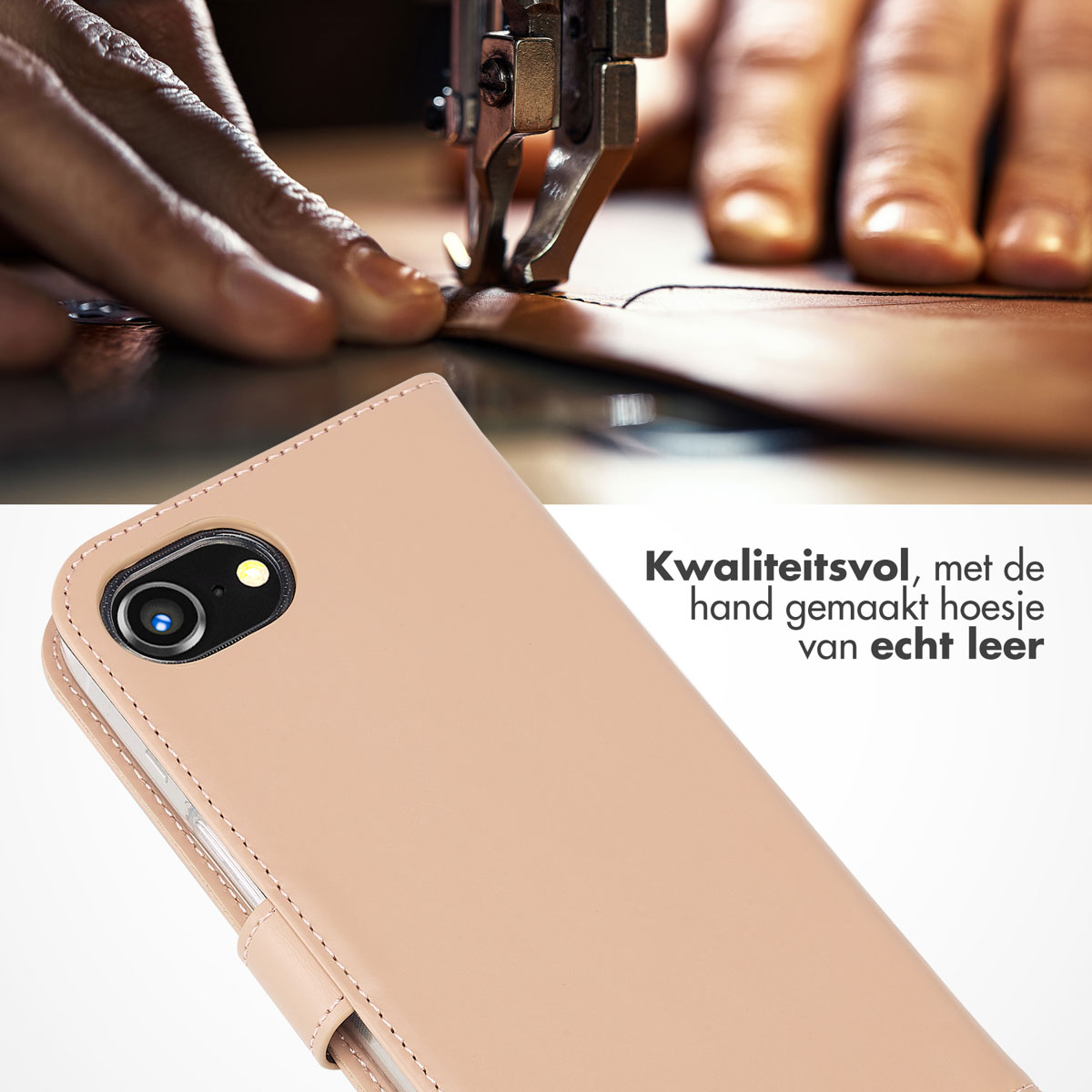 Mains cousant du cuir à la machine. Étui de téléphone au premier plan.