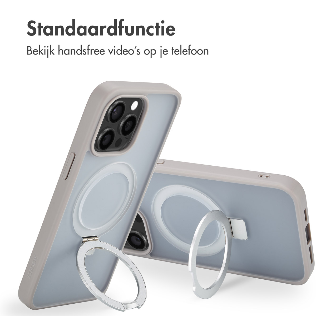 Beige Telefonhüllen mit Ringen auf weißer Oberfläche.