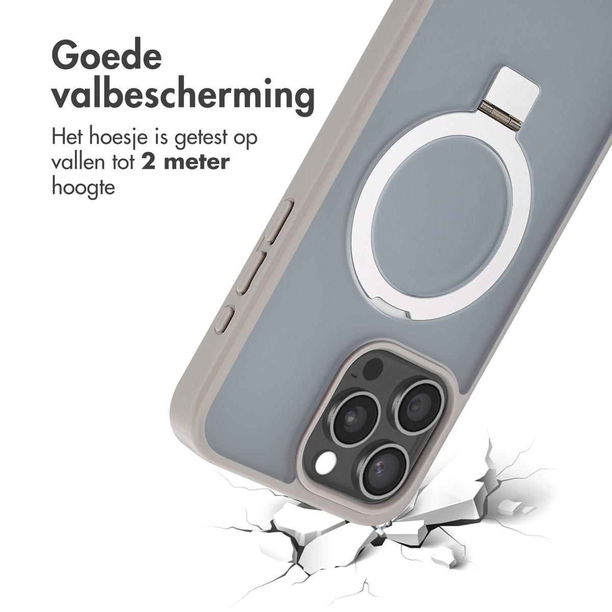 Handyhülle in Grau und Transparent, mit Ring. Die Hülle ist auf Stürze bis zu 2 Metern getestet.