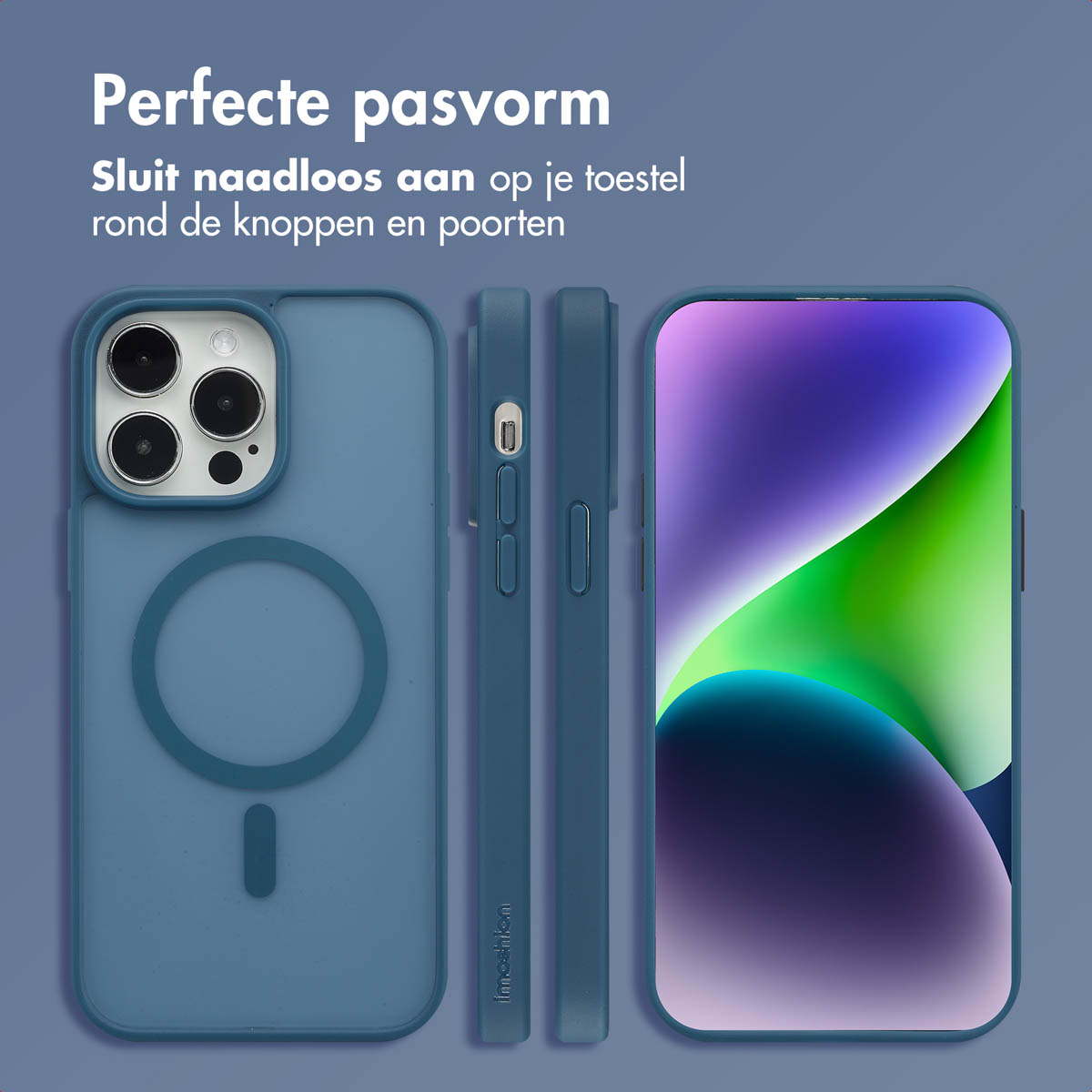 Coque de téléphone bleue avec un téléphone. Trois vues de la coque montrent le design et les caractéristiques.