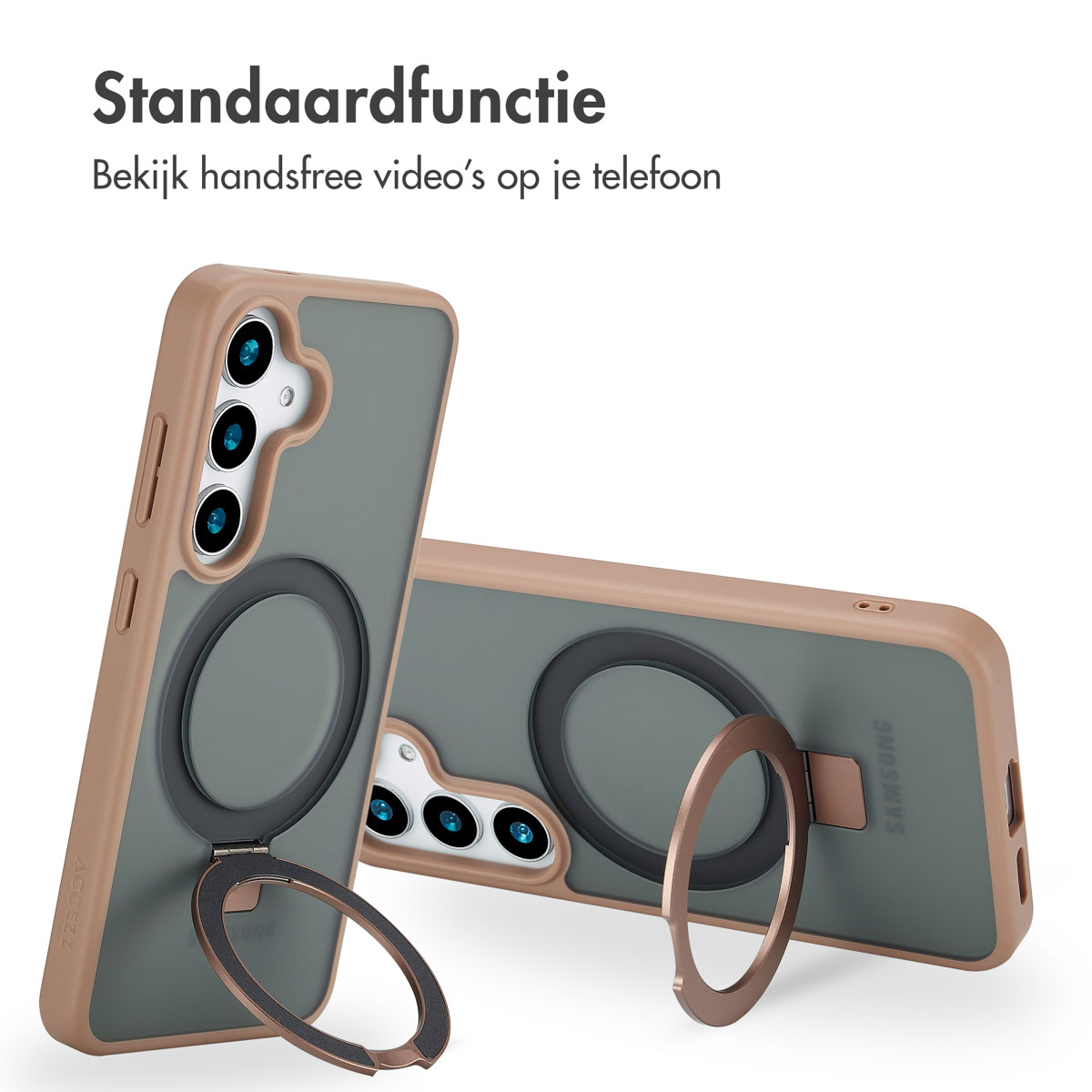 Telefoonhoesjes met ringhouders. Twee hoesjes met ringhouders, één op een telefoon.