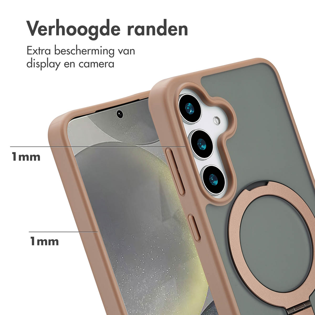 Telefoonhoes met ringhouder en verhoogde randen. Tekst toont metingen van 1 mm. Kleur is roze.
