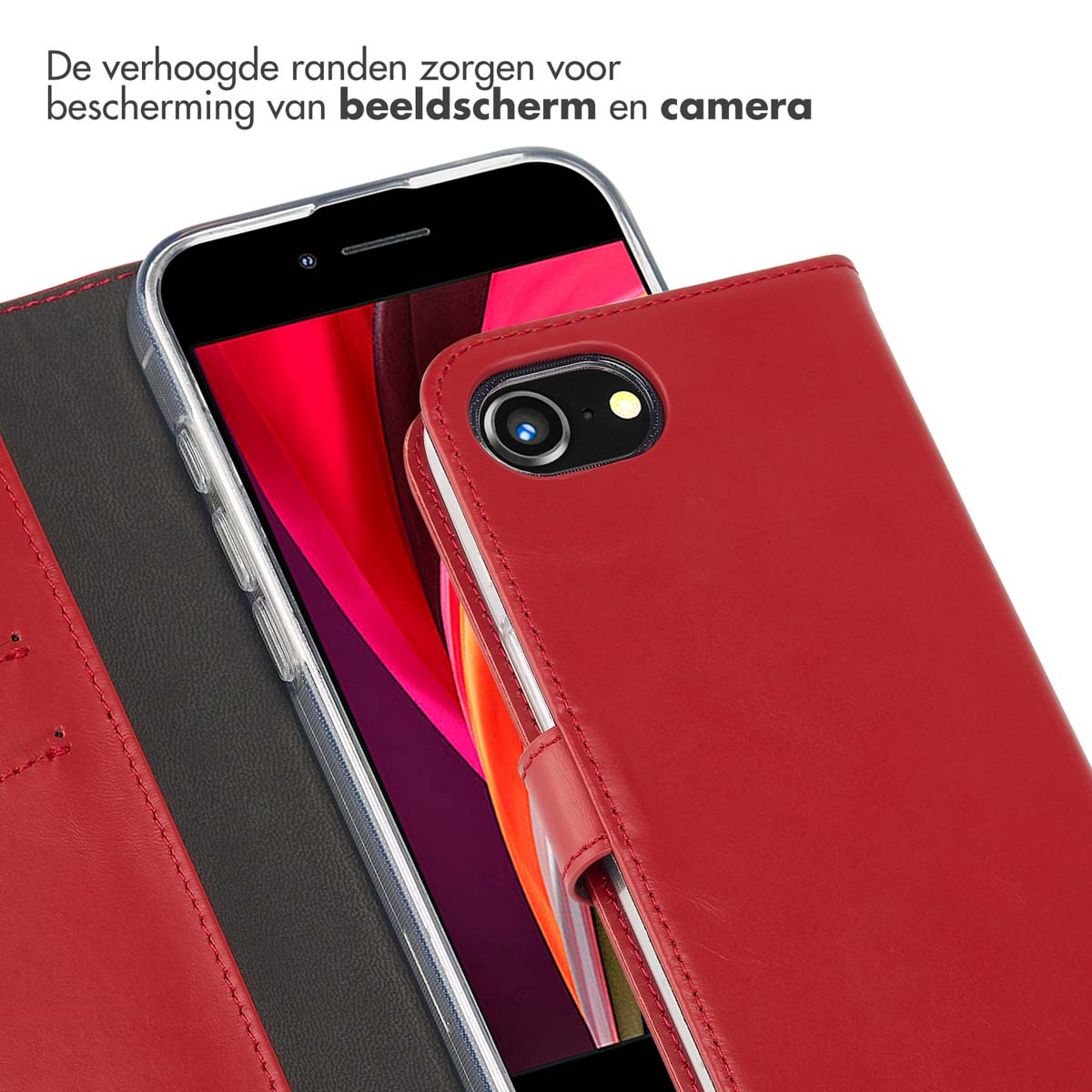 Rode telefoonhoes met een telefoon erin. Toont camera en tekst in de linkerbovenhoek.