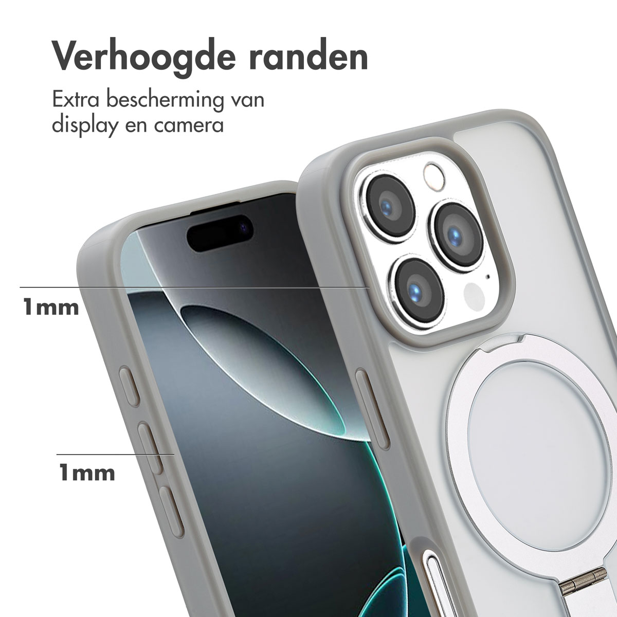 Coque de téléphone grise avec anneau, protégeant un téléphone avec écran et caméra visibles.