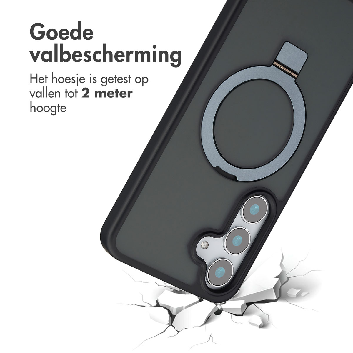 Coque de téléphone avec anneau de support, effet de sol fissuré. Texte: Testé pour des chutes jusqu'à 2 mètres.