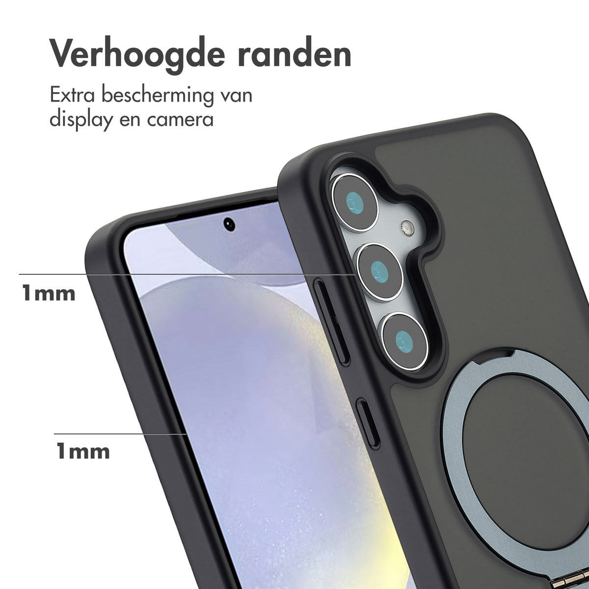 Coque noire avec bords surélevés, 1mm marqué. Téléphone partiellement visible. Texte 'Verhoogde randen'.