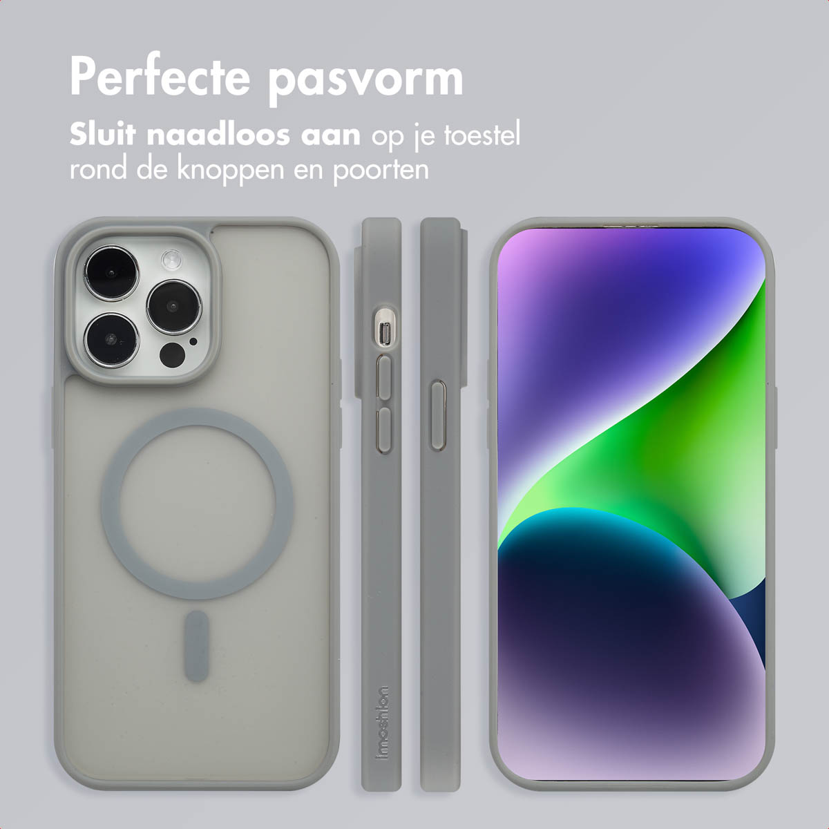 Ensemble de coques de téléphone, gris, avec un téléphone à l'intérieur. Trois vues de la coque, texte 'Perfecte pasvorm'.