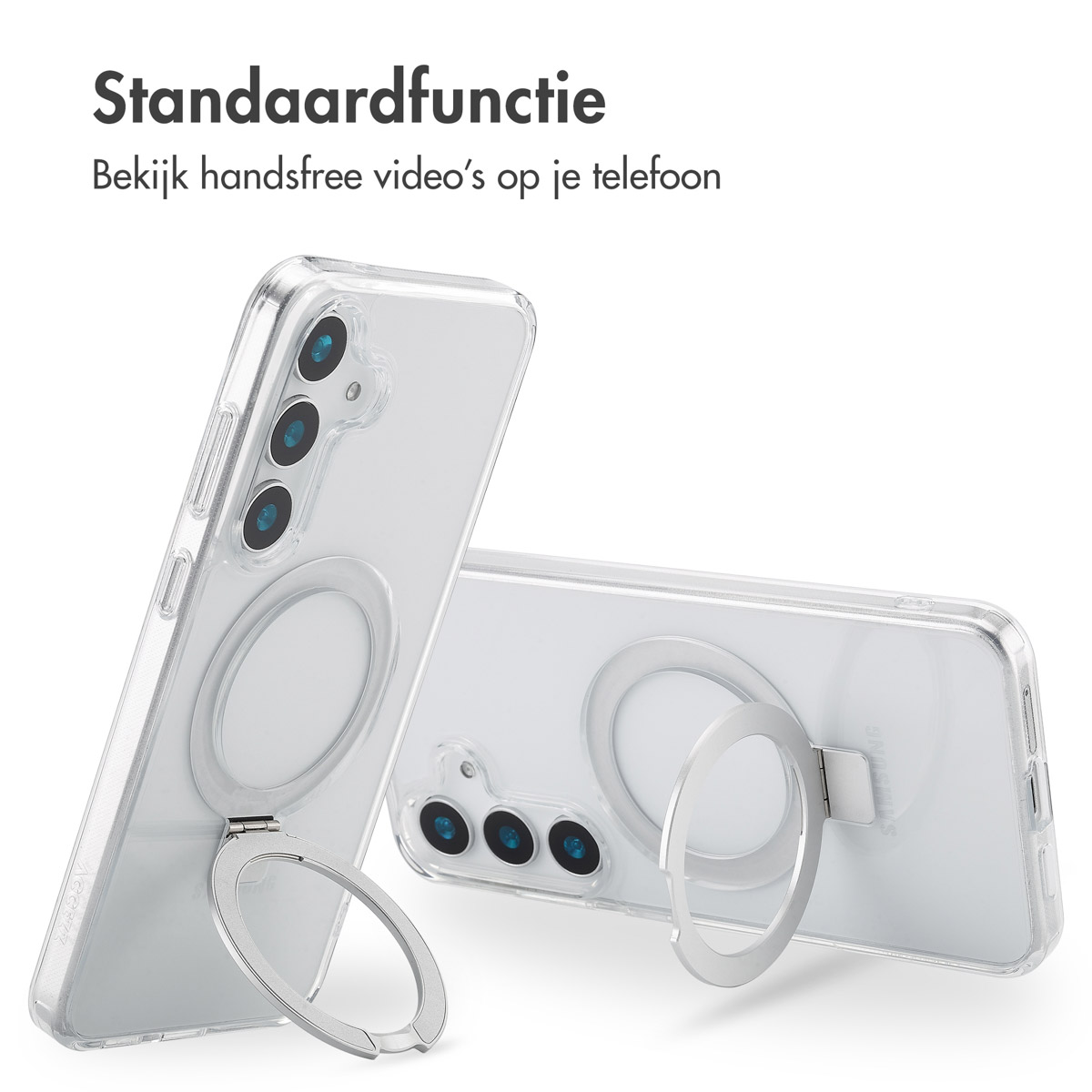 Coques de téléphone avec anneau. Une est debout, l'autre est couchée. Le texte mentionne la fonction standard.
