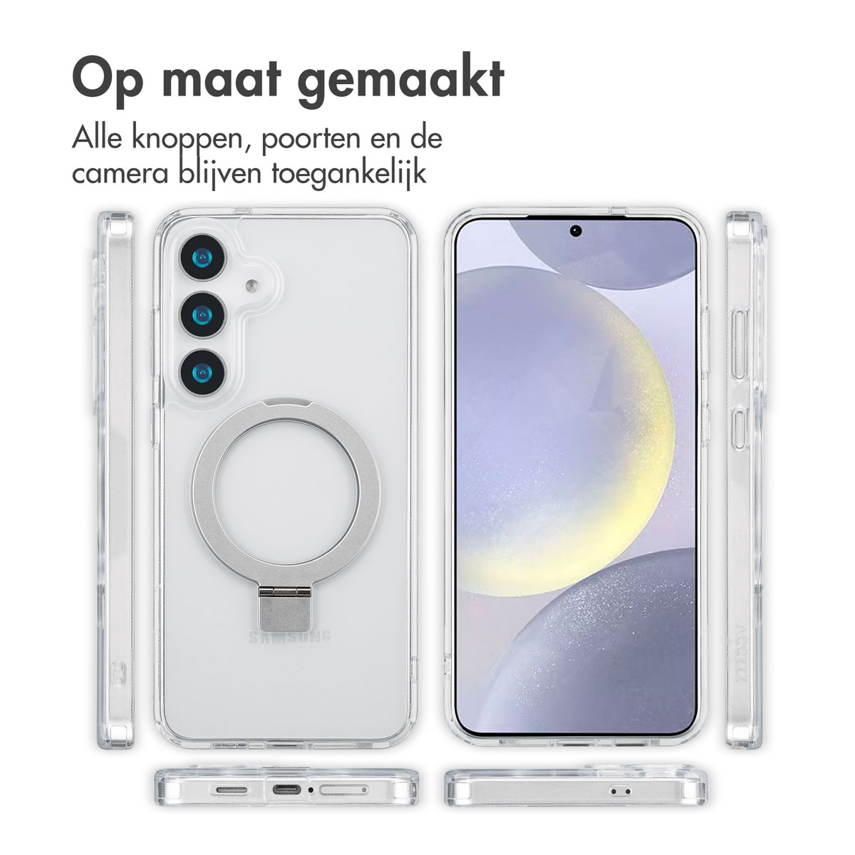 Téléphone dans un étui transparent avec anneau, montrant l'ensemble.