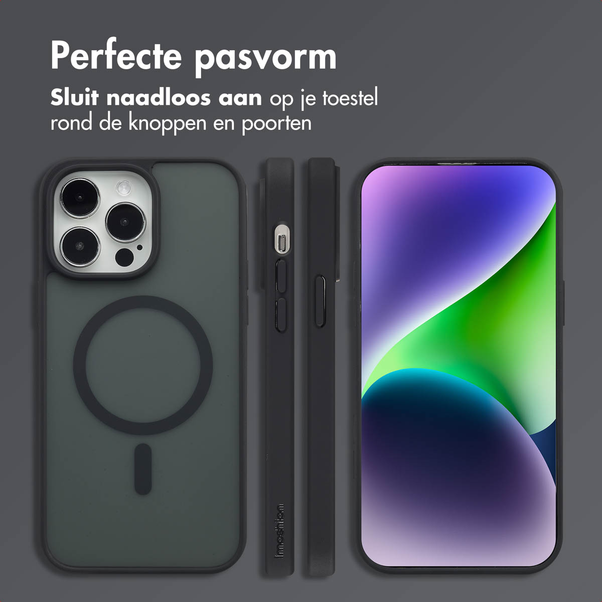 Un téléphone et un étui posés sur une surface. L'étui est noir et vert foncé. Le téléphone a des caméras.