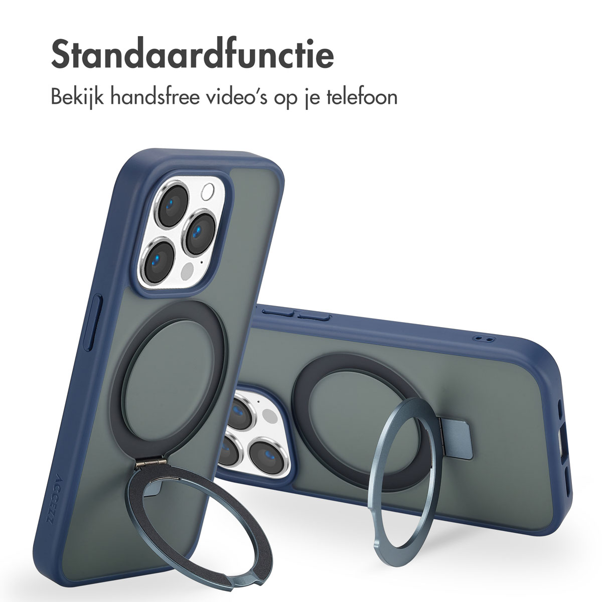 Blauwe en grijze telefoonhoesjes met ringstandaards. Tekst beschrijft handsfree video.