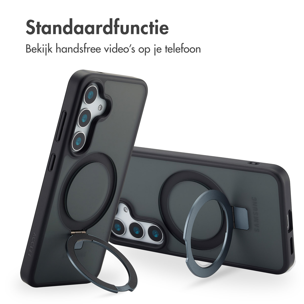 Telefoonhoesjes met ringstandaards. Twee telefoons met standaards. Tekst: handsfree video bekijken.