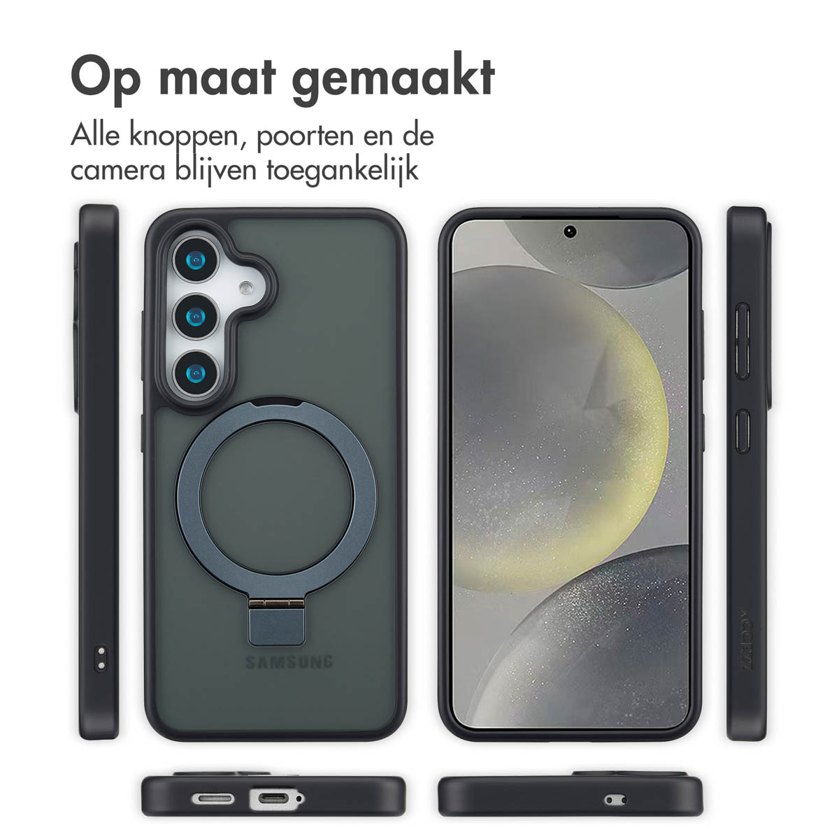 Telefoonhoesje met een ringhouder. Verschillende aanzichten van de case, met knoppen, poorten en camera.