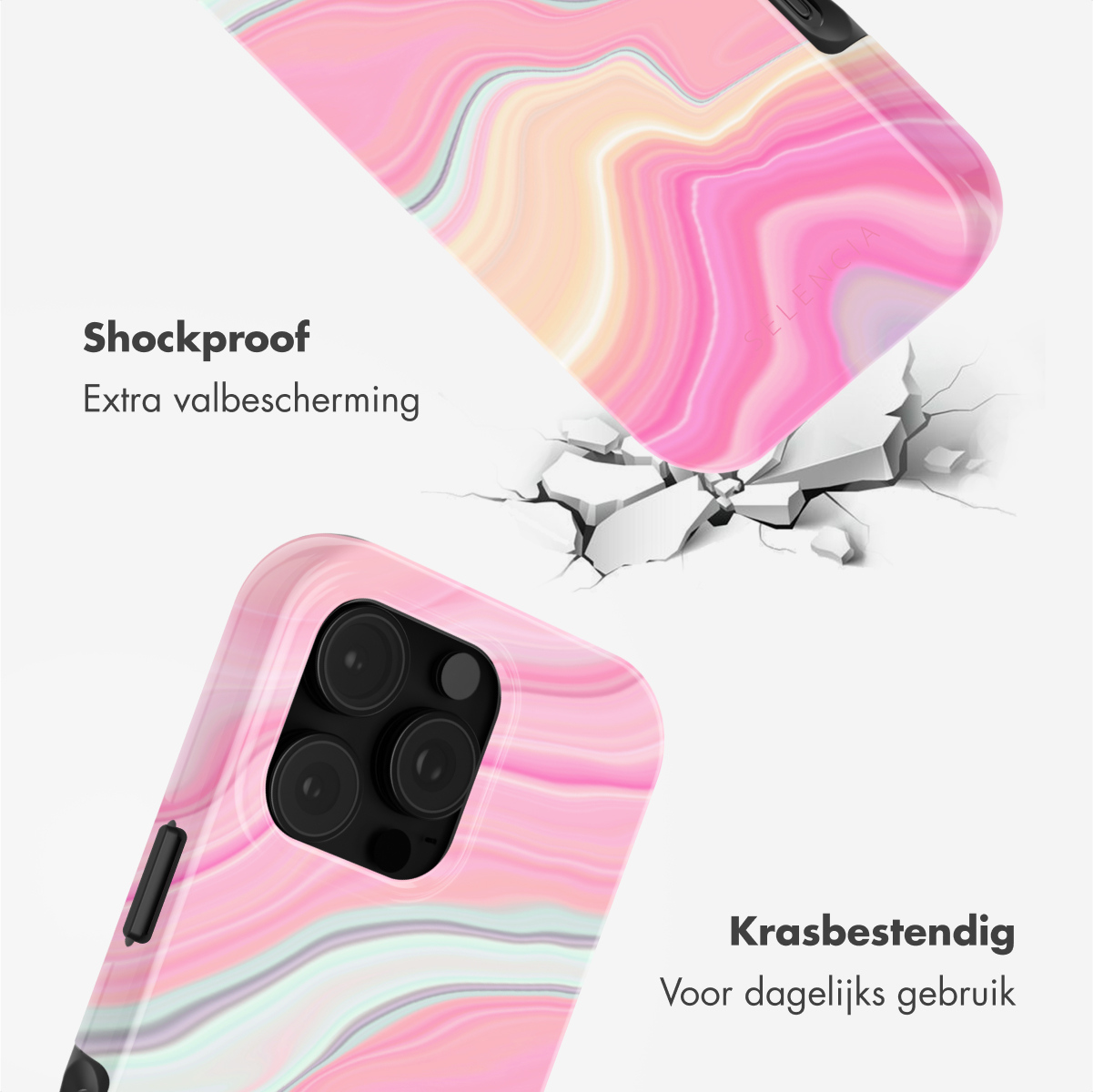 Een roze marmeren telefoonhoes met tekst die schokbestendig en krasbestendig zegt.