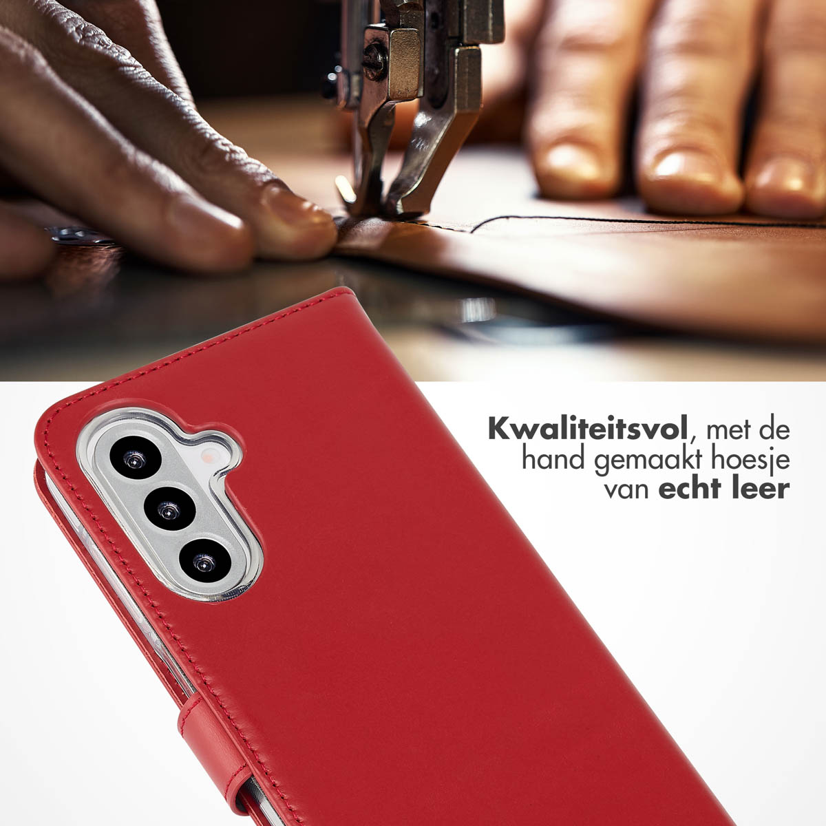 Una custodia per telefono in pelle rossa viene cucita a mano. Una custodia per telefono è in primo piano.