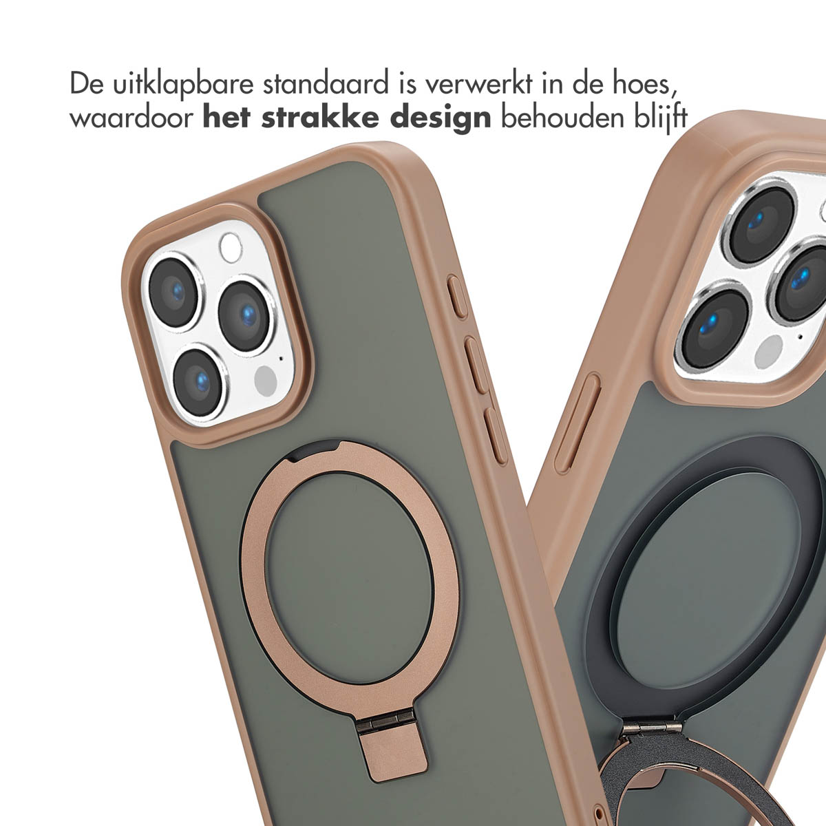 Telefoonhoes met ringhouder. Tekst: De uitklapbare standaard is verwerkt in de hoes, waar design blijft.