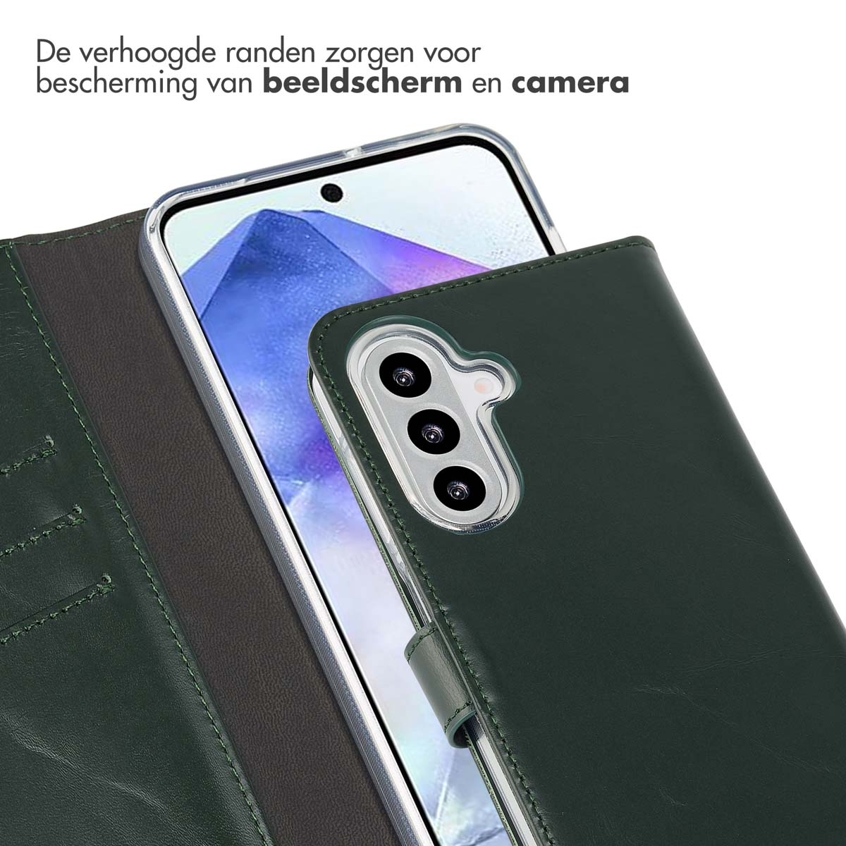 Une coque de téléphone vert foncé protège un téléphone. Détails : téléphone, coque, vert foncé, écran.
