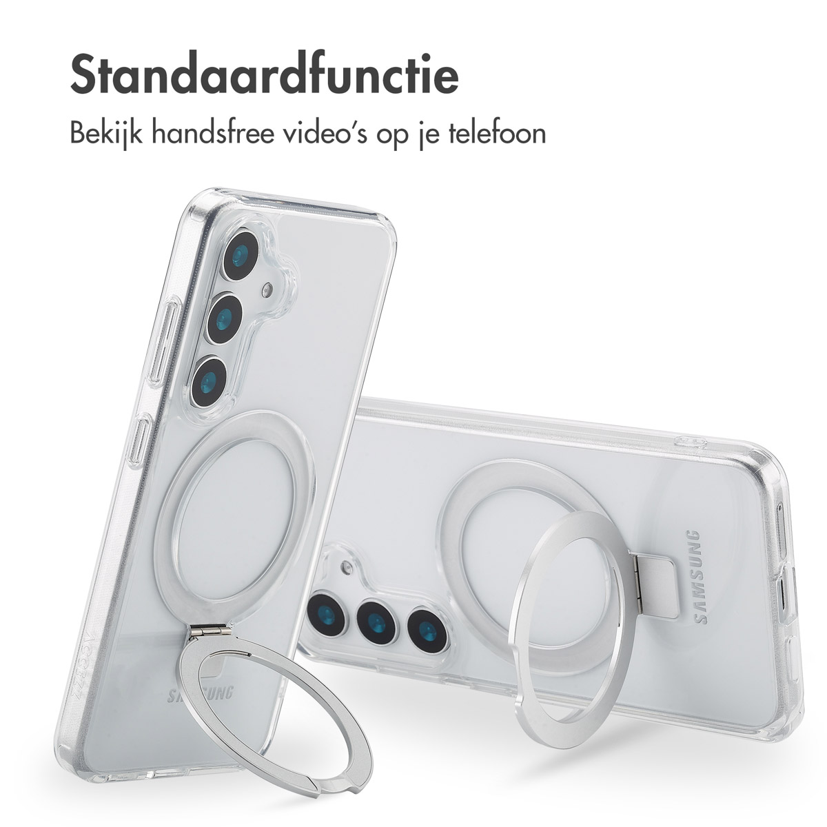 Twee doorzichtige telefoonhoesjes met een standaard, één op de telefoon, de andere omhooggeklapt.