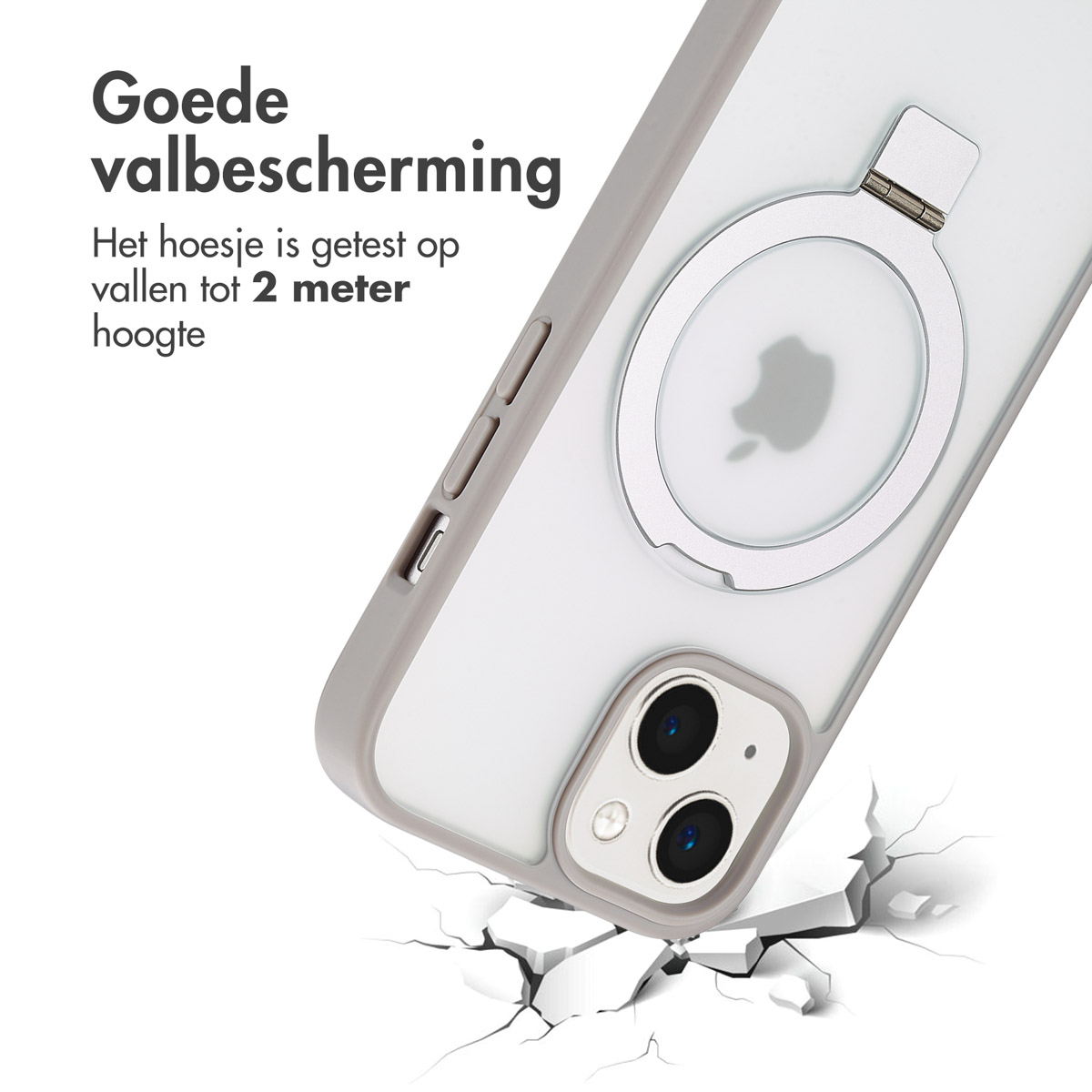 Een telefoonhoesje met een ringstandaard. Tekst zegt dat het beschermt tegen vallen tot 2 meter hoog.