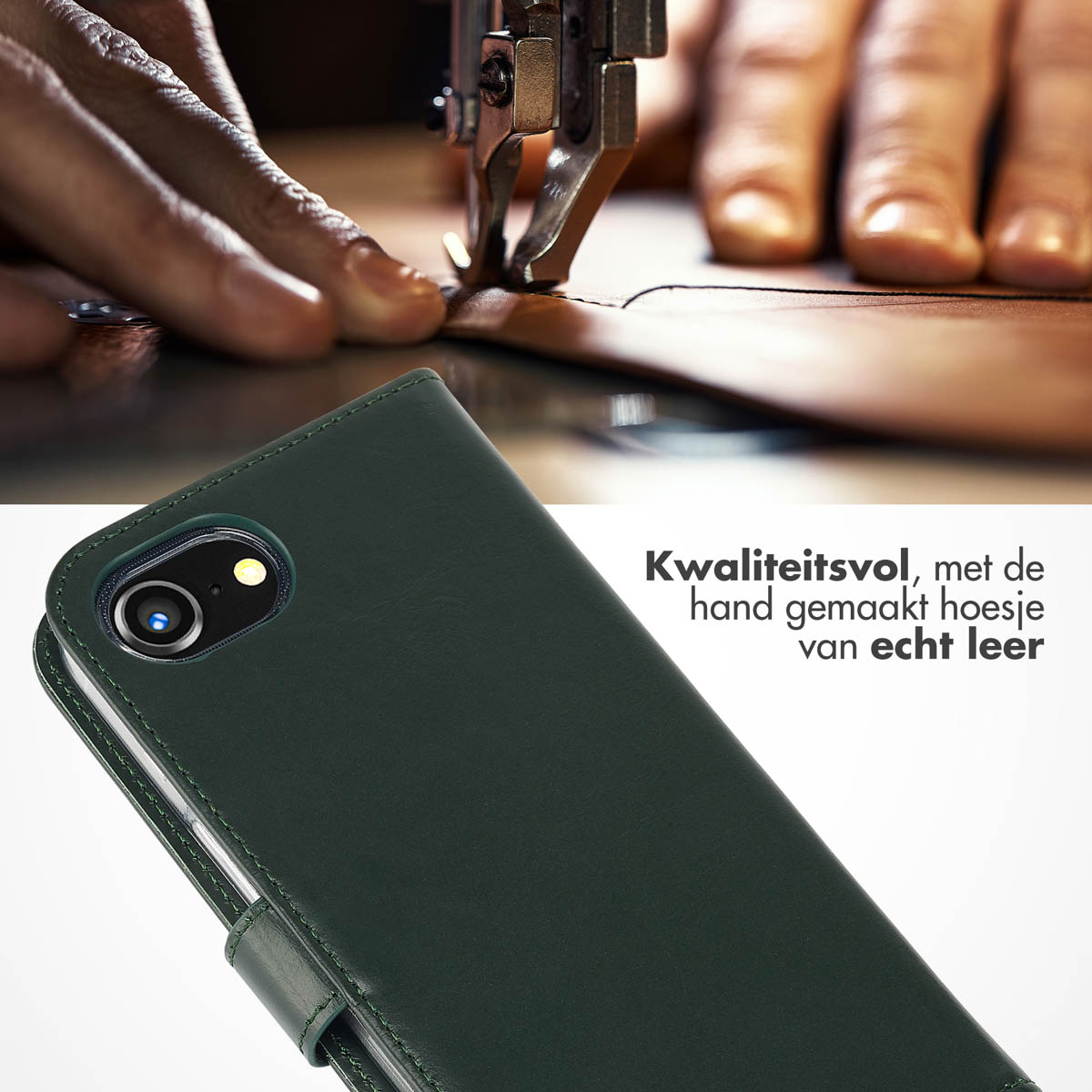 Coque de téléphone en cuir vert avec machine à coudre en arrière-plan. Texte : Kwaliteitsvol, met de hand gemaakt.