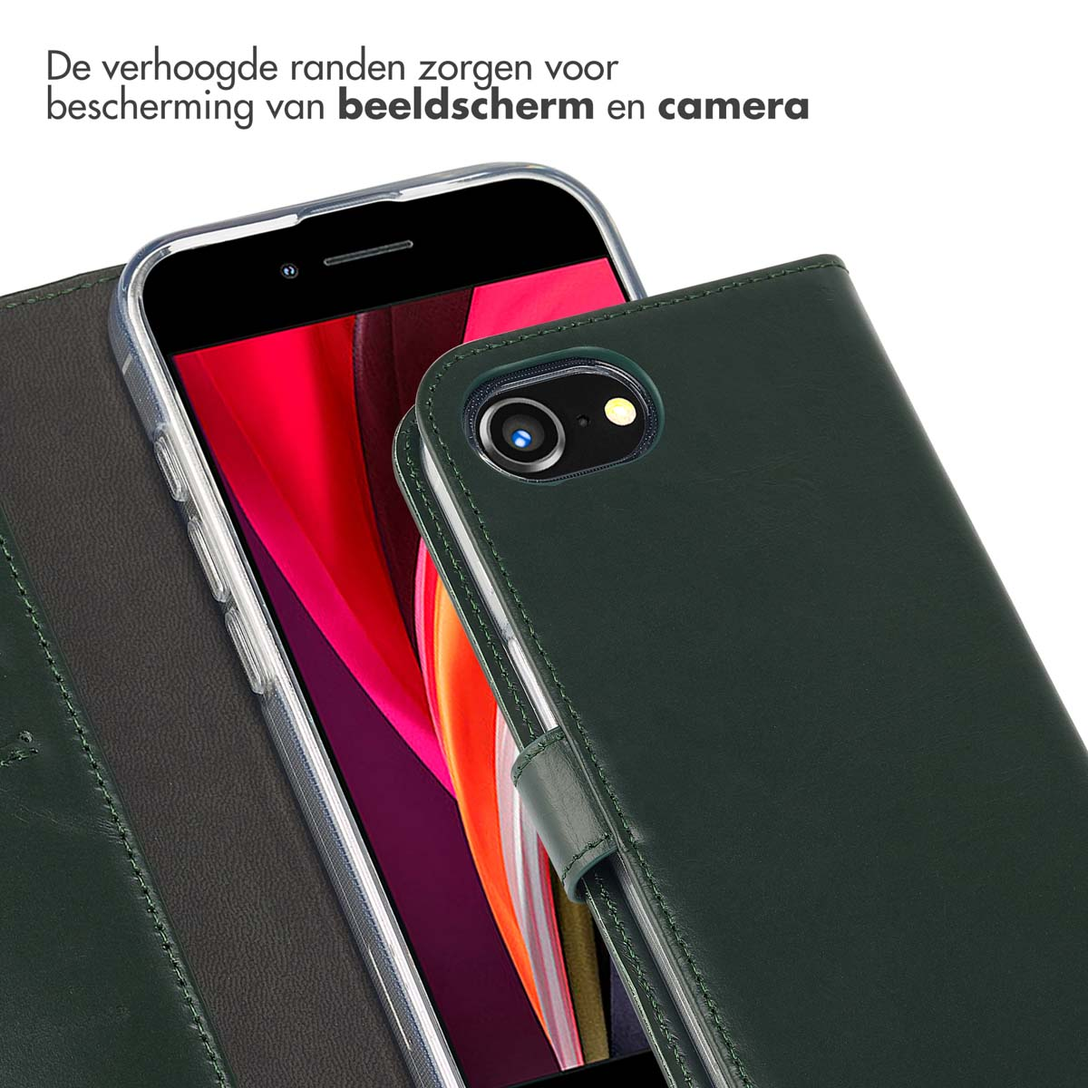 Un étui de téléphone vert foncé avec écran et caméra, et un rabat.