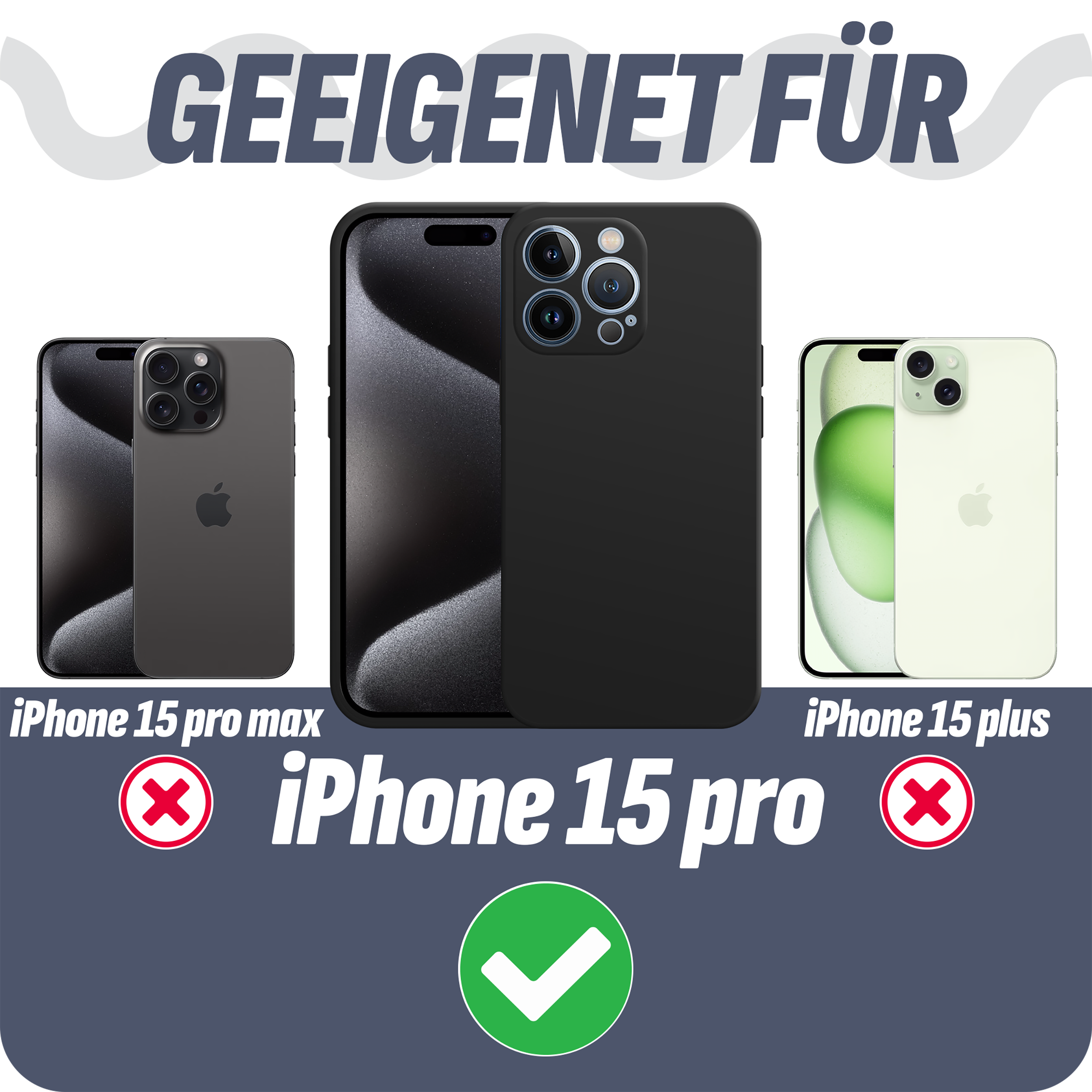 Drei iPhones, das mittlere in einer schwarzen Hülle. Text oben: 'Geeignet für'.