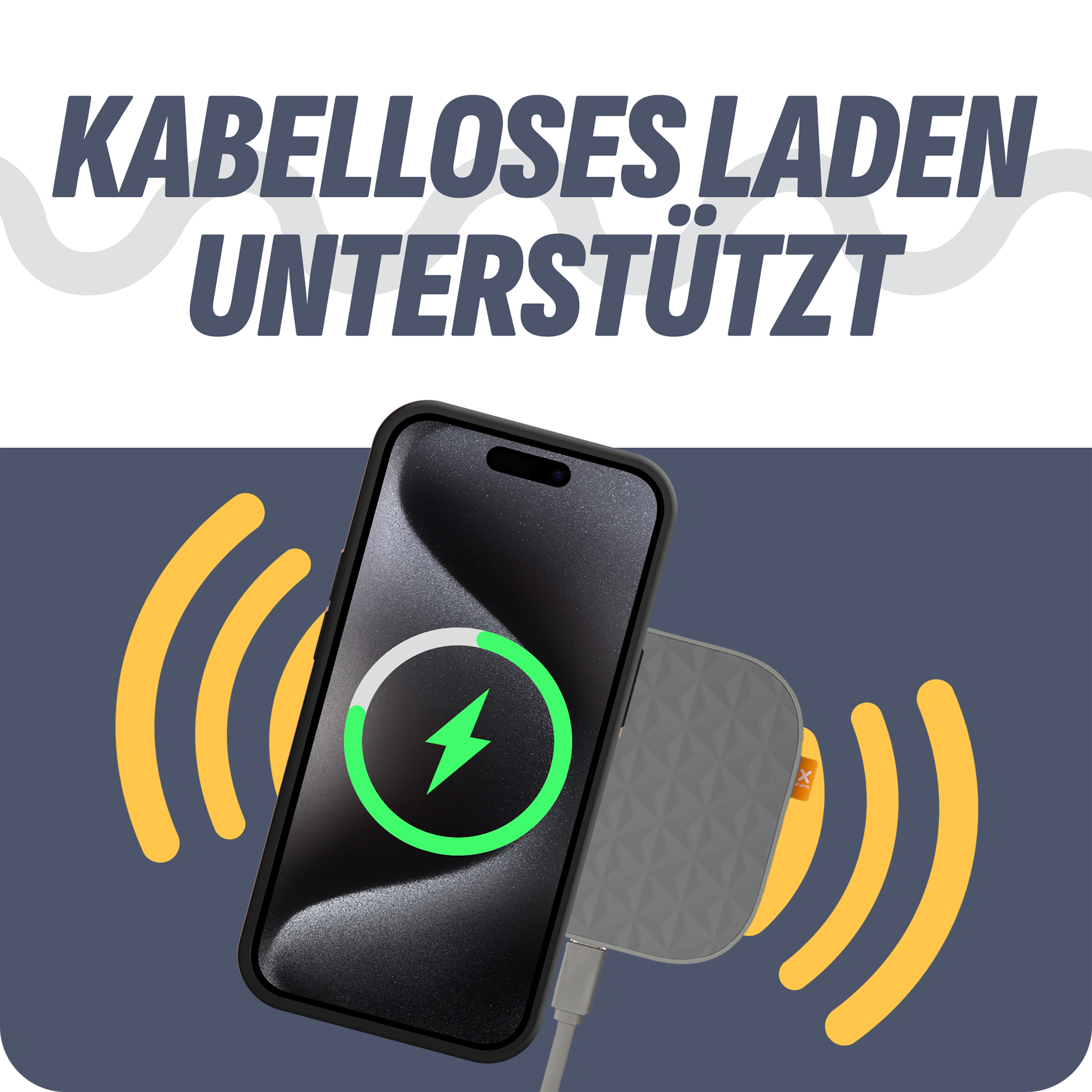 Telefon auf kabellosem Ladegerät mit Ladesymbolen. Text: 'Kabelloses Laden unterstützt'.