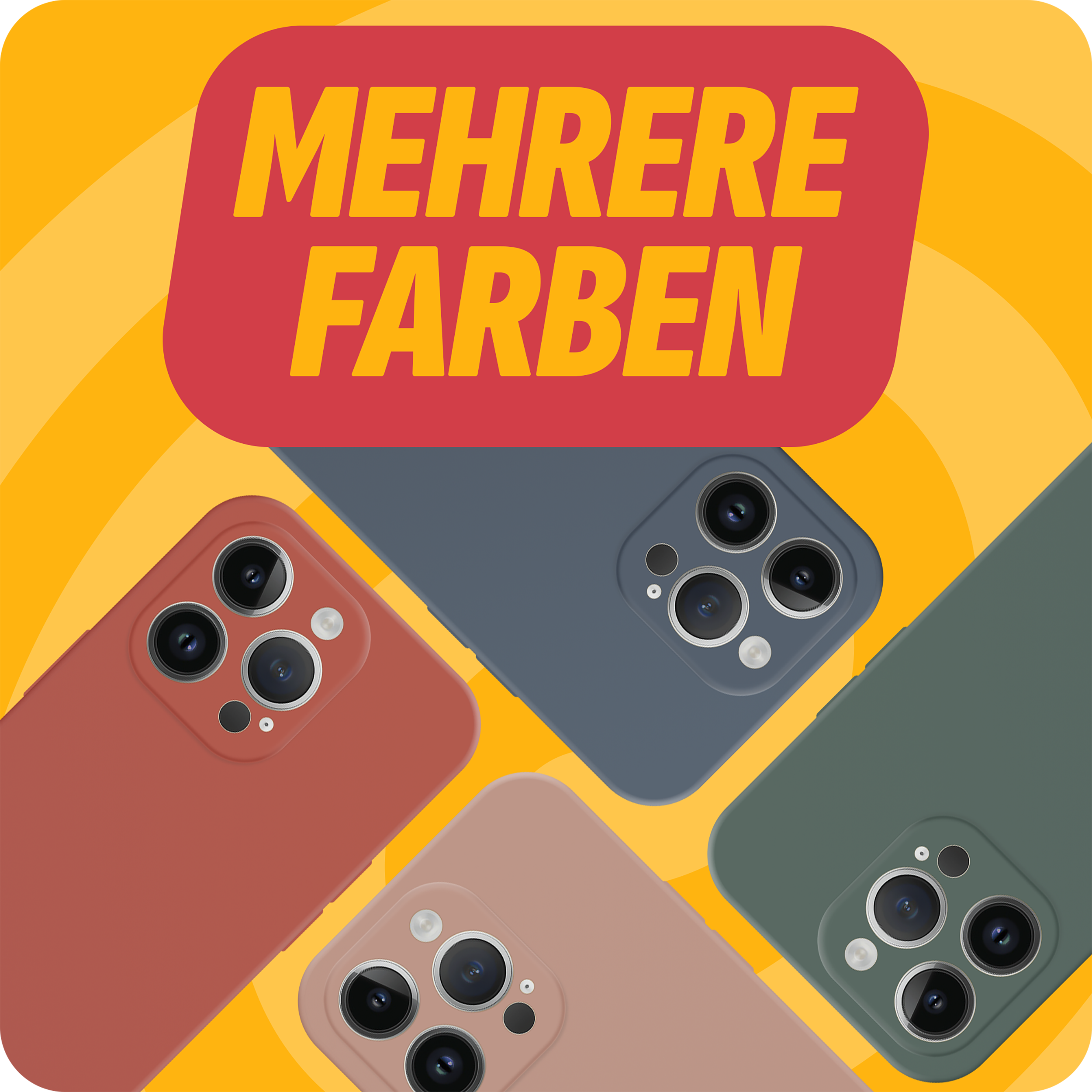 Vier Handyhüllen in verschiedenen Farben: Rot, Blau, Rosa und Grün. Text oben: 'MEHRERE FARBEN'.